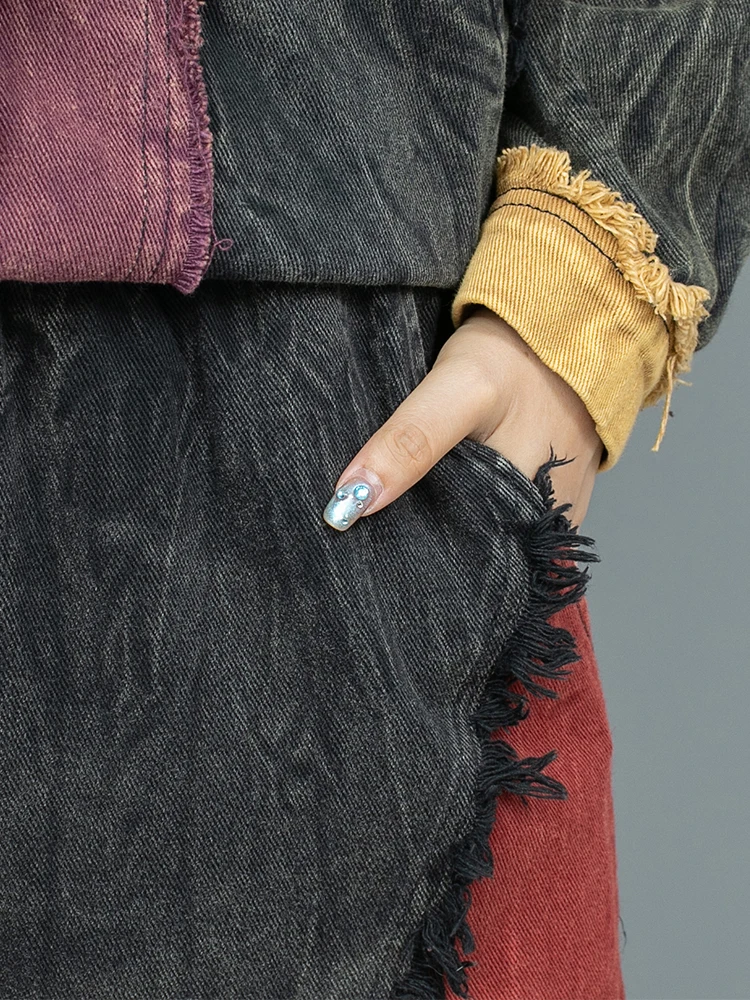 Индивидуальный Состаренный контрастный джинсовый жакет с прострочкой и длинным