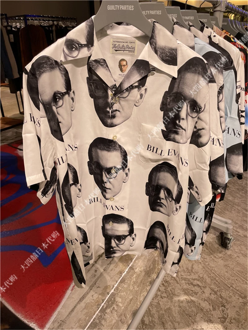 Streetwear WACKO MARIA Shirt Men Women Full With Glasses A Man Portrait Print Hawaii Shirts Tees Top
