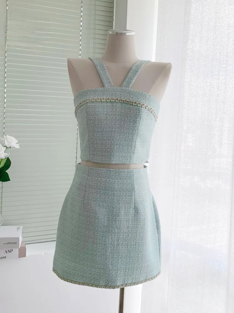 Summer Fall New Mint Green Braided Tweed Two Piece Set Women Sexy Halter Crop Tops Mini Skirt Suits Female Girls Fashion Outfit