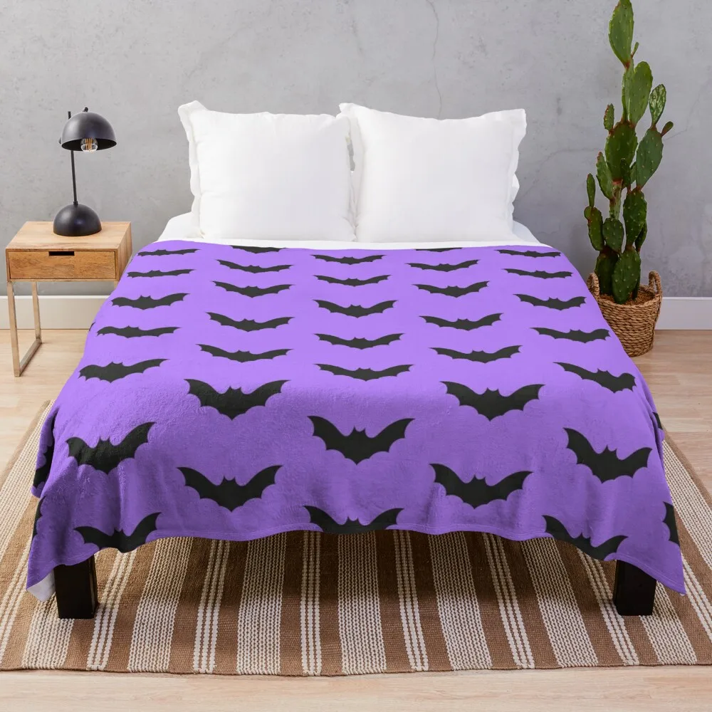 Bat Flannel Throw Blanket King Queen Full Size Purple Background Halloween Theme for Bed Sofa Couch Lightweight Warm Super Soft