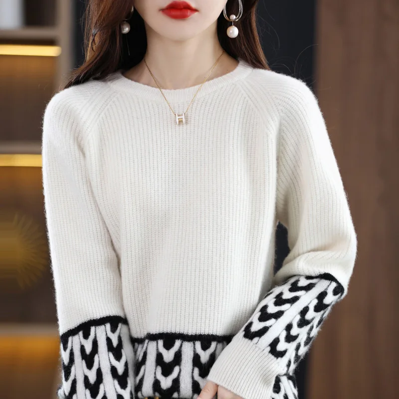 

M-XXL100% wool and cashmere sweater O-neck high-end comfortable pullover women's pure wool sweater long-sleeved knitted colorblo