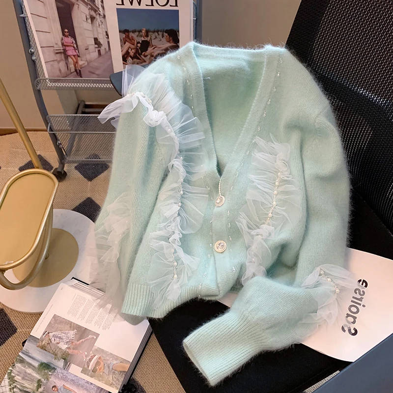 

Повседневный вязаный кардиган с V-образным вырезом, свитер, пальто, женская одежда, сезон весна-осень 2022, кружевная вязаная куртка с длинным ...