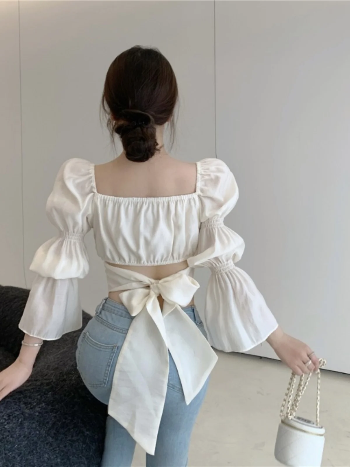 Рубашки Gyaru с пышными рукавами и квадратным воротником женские рубашки ранней