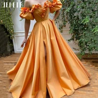 jeheth orange off shoulder split prom dresses 3d flowers puff sleeves satin a line with pocket evening party gown robe de soiree