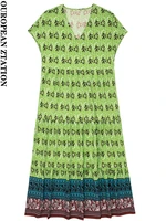 pailete women 2022 fashion panelled printed midi dress vintage v neck short sleeves female dresses vestidos mujer
