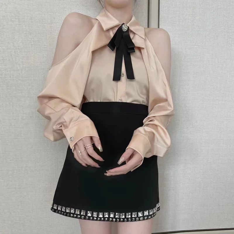 

2022 Spring Blouses Shirts Women Cold Shoulder Satin Tops Elegant Office Lady Solid Casual Blousas Streetwear Japanese Korean