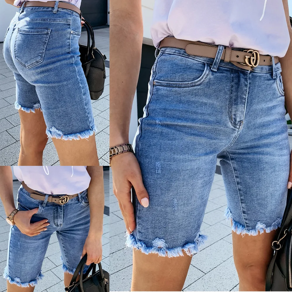 

2023 Summer New Denim Holed Capris Fashion Lace Tassel Jeans Women