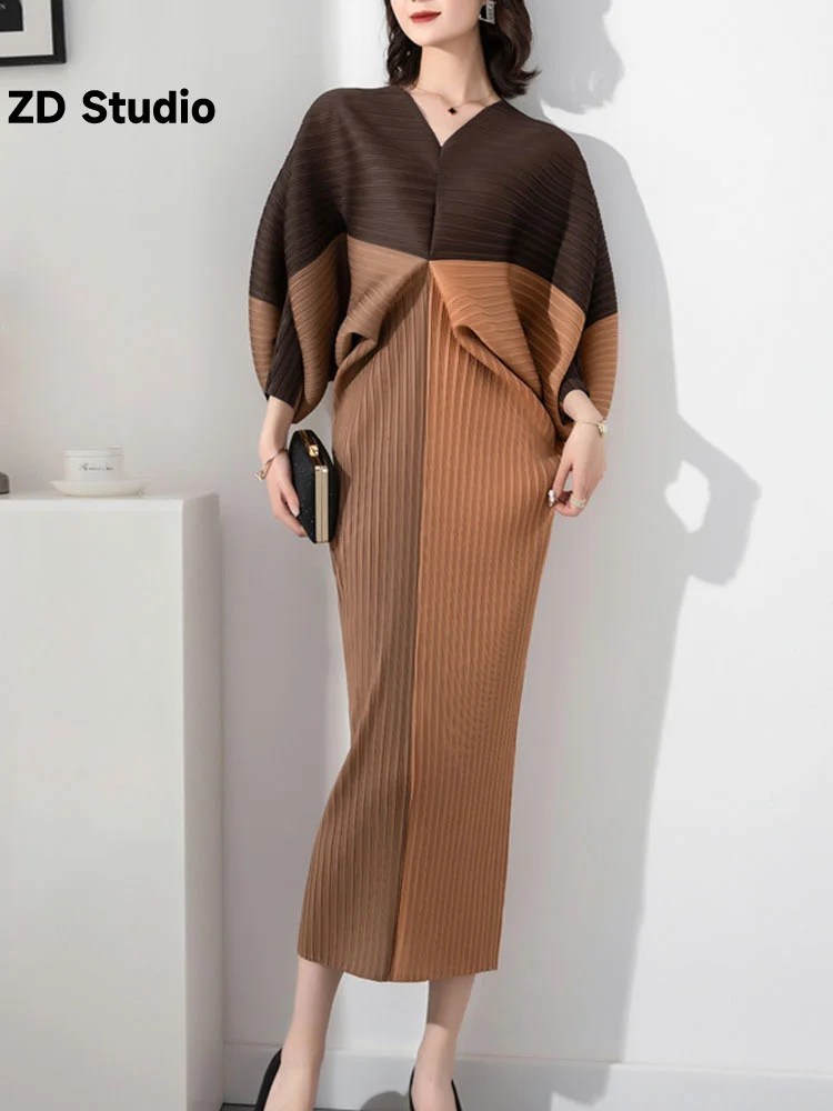 

[ZD Studio] Women Elegant Pleated Dress Batwing Sleeve V-neck Patchwork Straight Dresses 2023 Summer Female Fashion Clothing