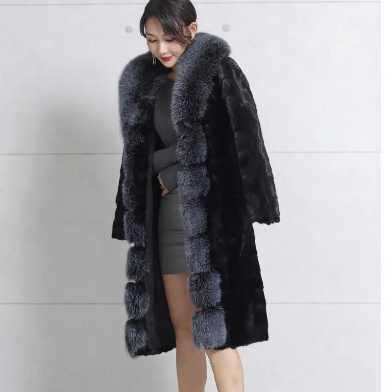 Женское меховое пальто черная искусственная кожа и куртки новый длинный большой