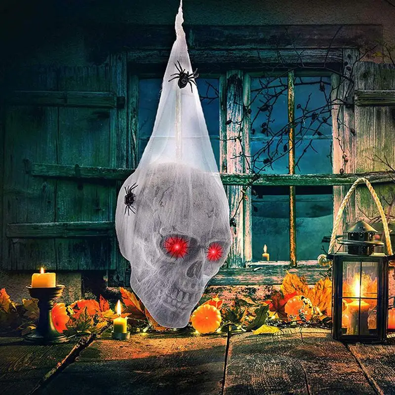 

LED White Gauze Skull Halloween Glowing Sound Control Cotton Spider Skull Hanging LED Skull In Cocoons With Fake Spider Ornament