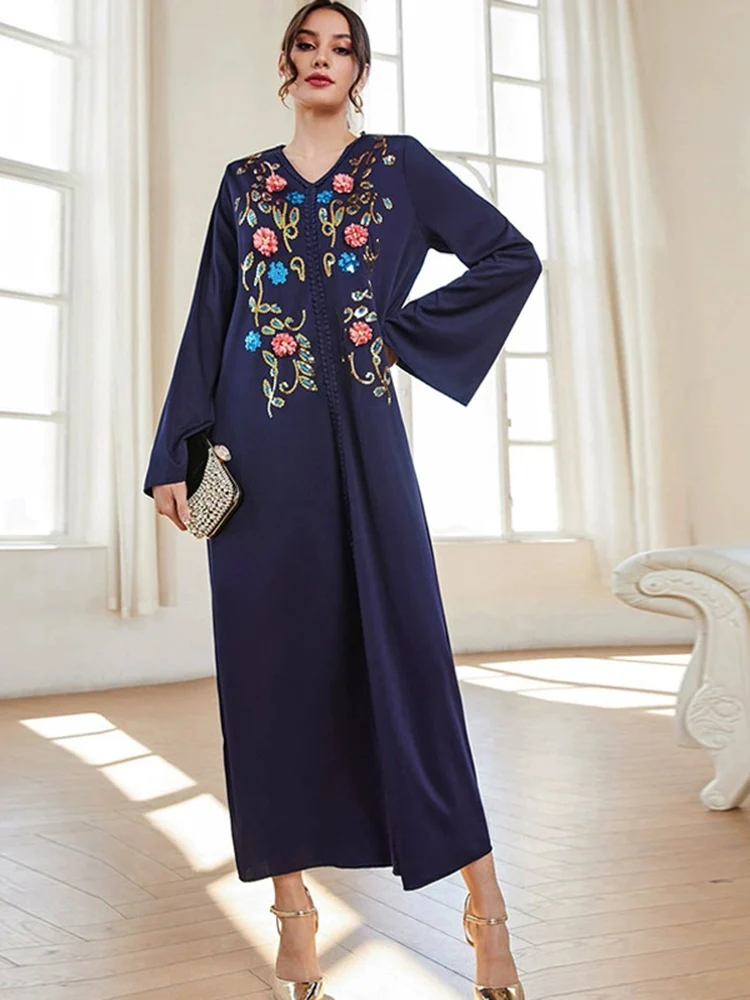 

Женское повседневное элегантное платье макси, демисезонное роскошное платье с вышивкой и длинным рукавом, абайя, мусульманское турецкое вечернее платье, модель 2023 года