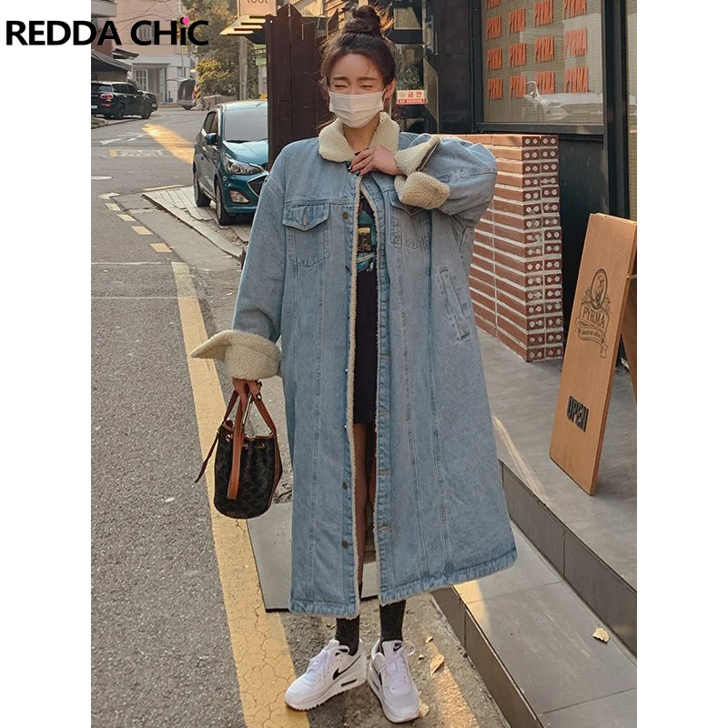 

ReddaChic Lamb Wool Warm Winter Coat for Women 2022 Long Thick Denim Puffer Jacket Bombers Oversize Boyfriend Outerwear Female