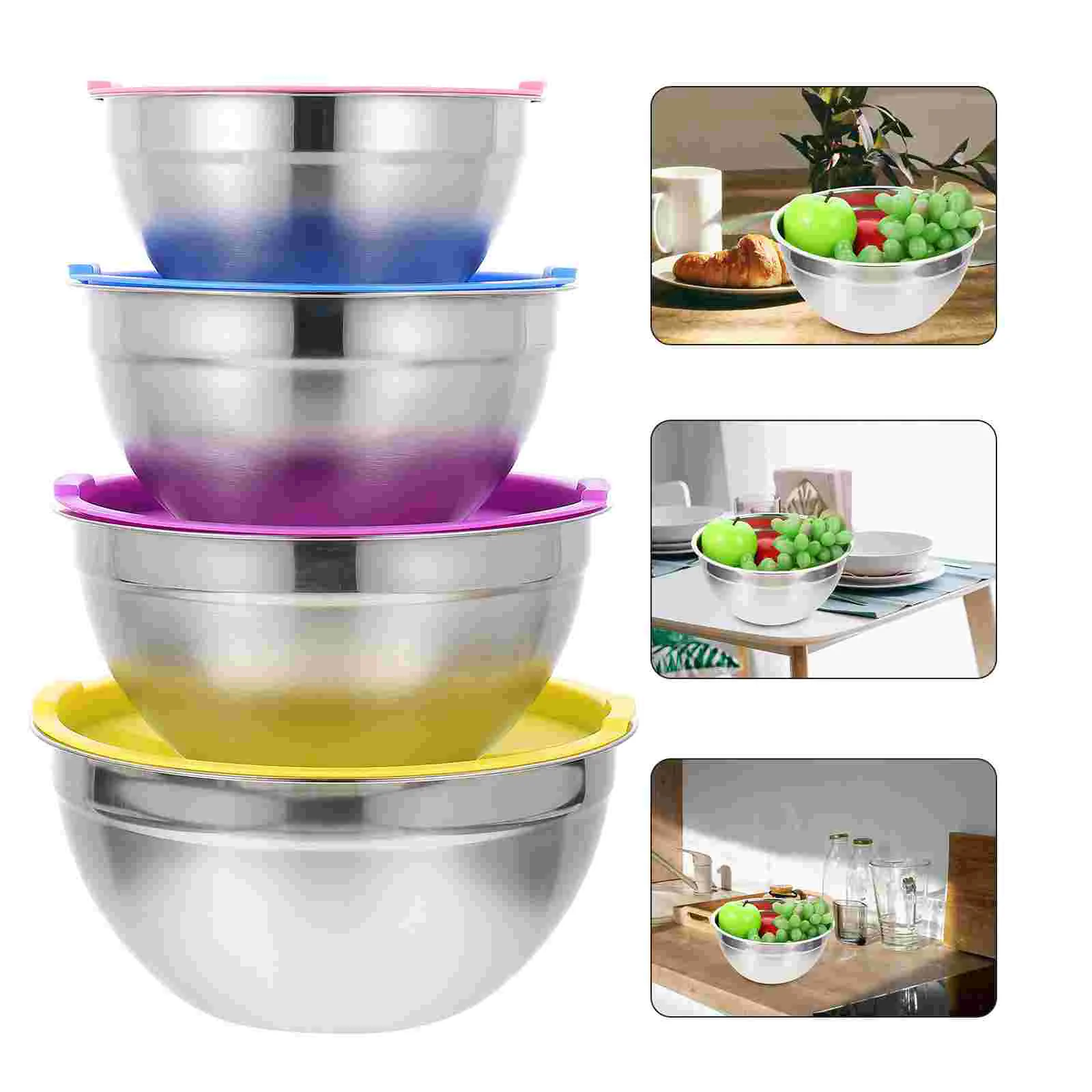 

4 Pcs Stainless Steel Salad Bowl Dessert Kitchen Home Mixing Plastic Lid Noddle Dinnerware+sets Thicken Fruit Storage Container
