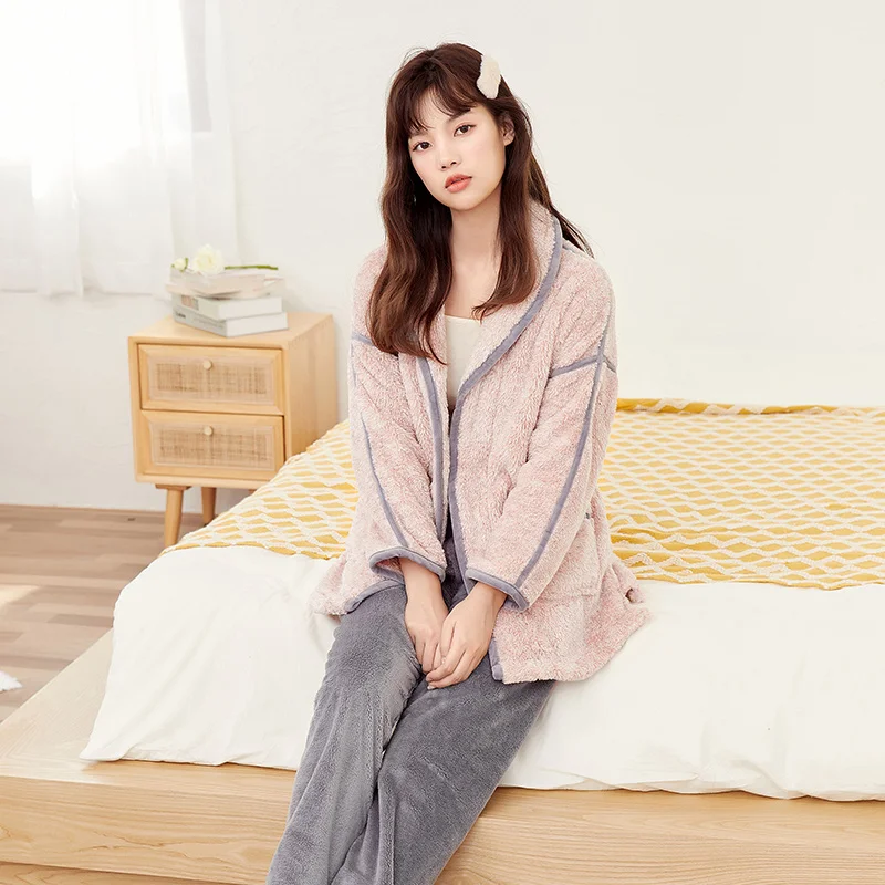 Couple Pajamas Suit Woman Autumn And Winter Thick Plus Velvet Cationic Fleece Lapel Cardigan Lace Home Pajamas For Women