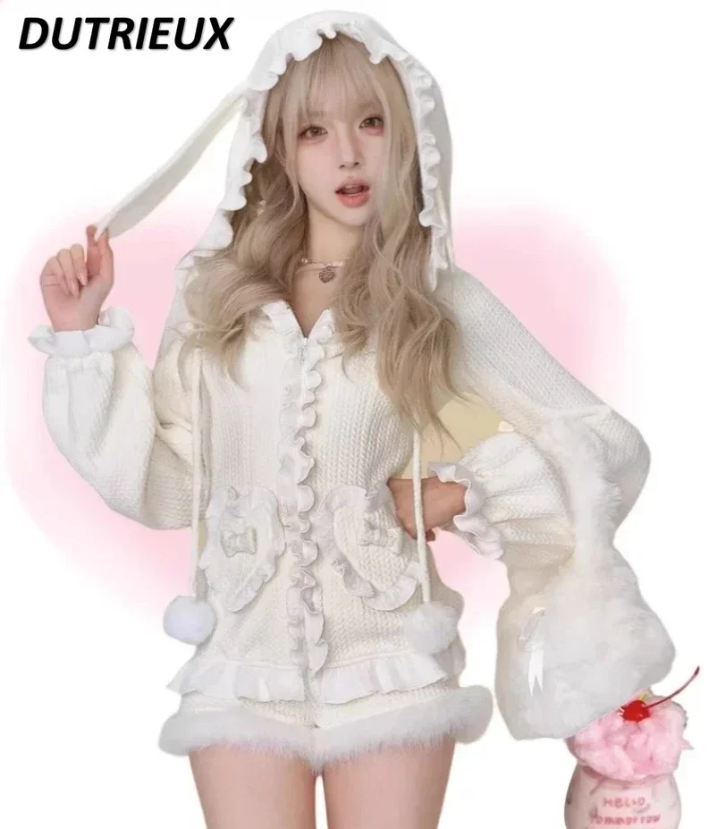Новый осенне-зимний милый белый кардиган с рюшами для девочек вязаная куртка