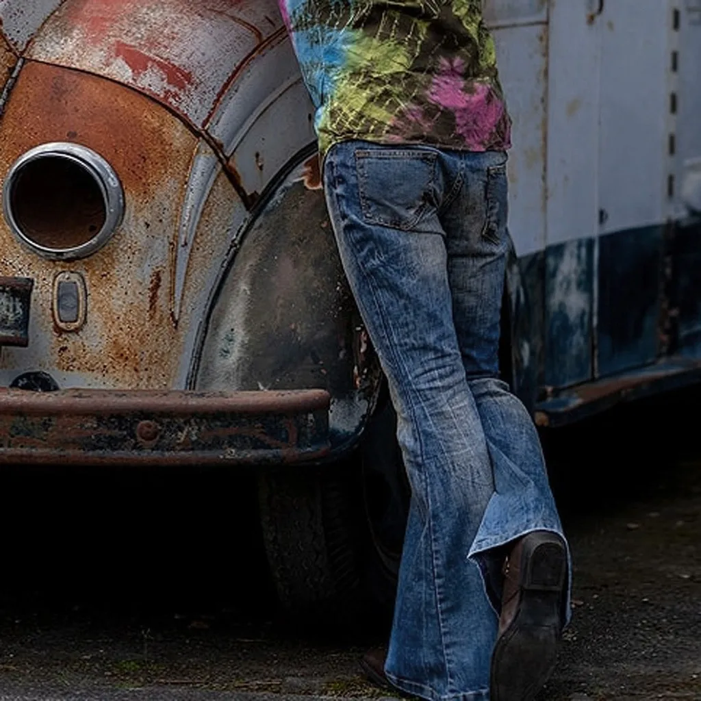 Autumn Mens Big Flare Jeans Fashion Stretch Mid Waist Bootcut Leg Denim Pants Man Vintage Bell Bottom Jeans Pantalones Hombre