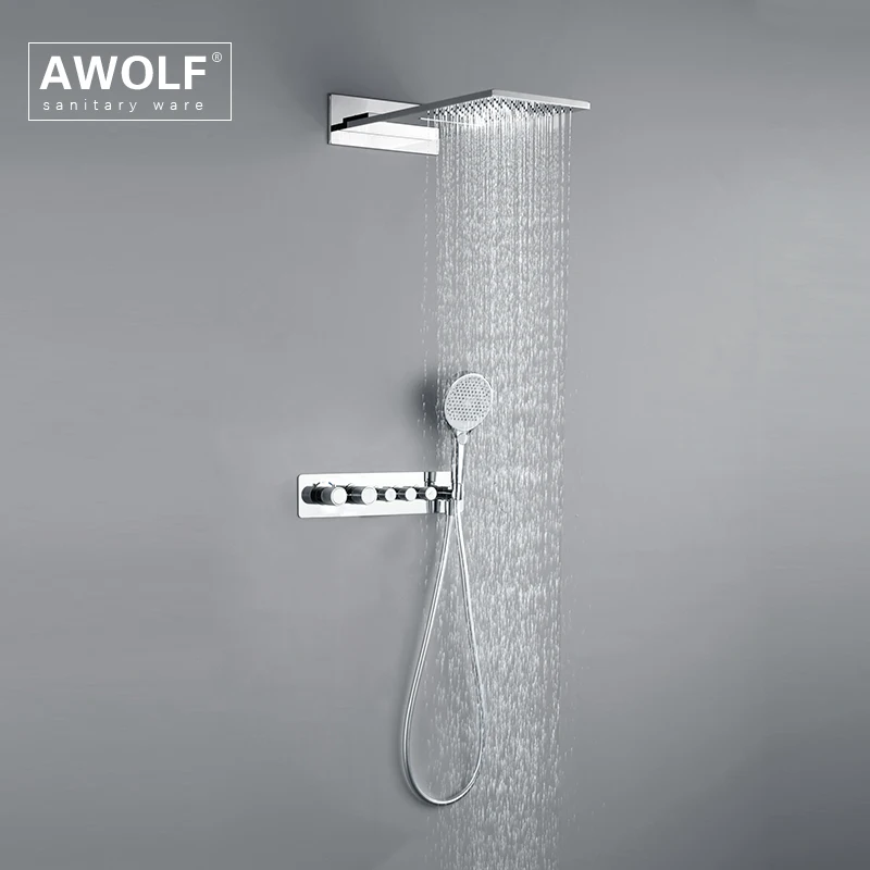 Фото Термостатическая Душевая система Awolf AH3063, черная, белая, твердая, латунь, настенное крепление, встраиваемый хромированный, для ванной комнат... №4