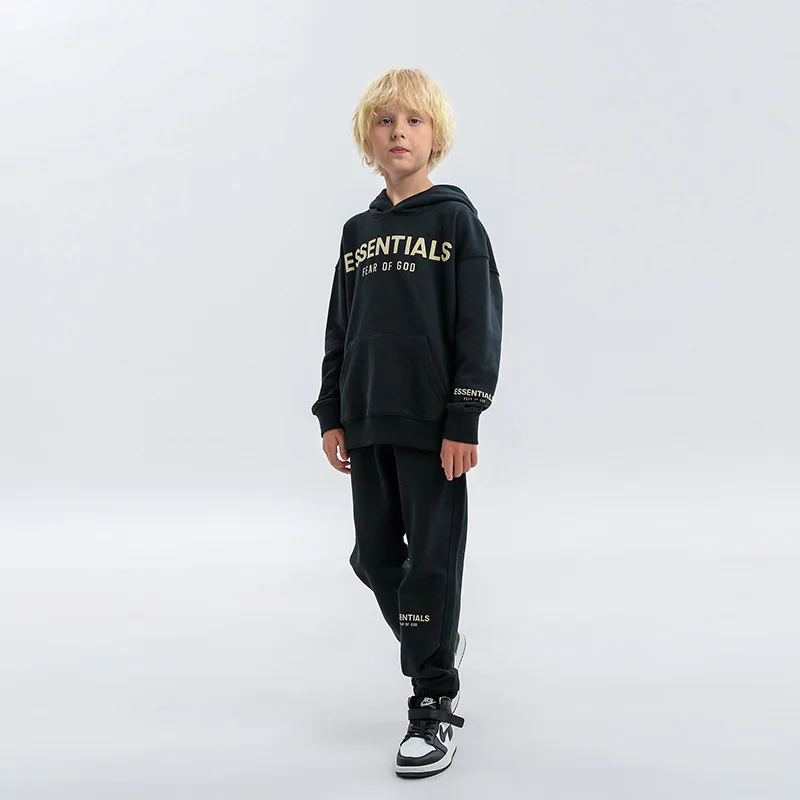 

Детский комплект с капюшоном, хлопковый свободный Спортивный Повседневный костюм с длинными рукавами и принтом букв для мальчиков и девоче...