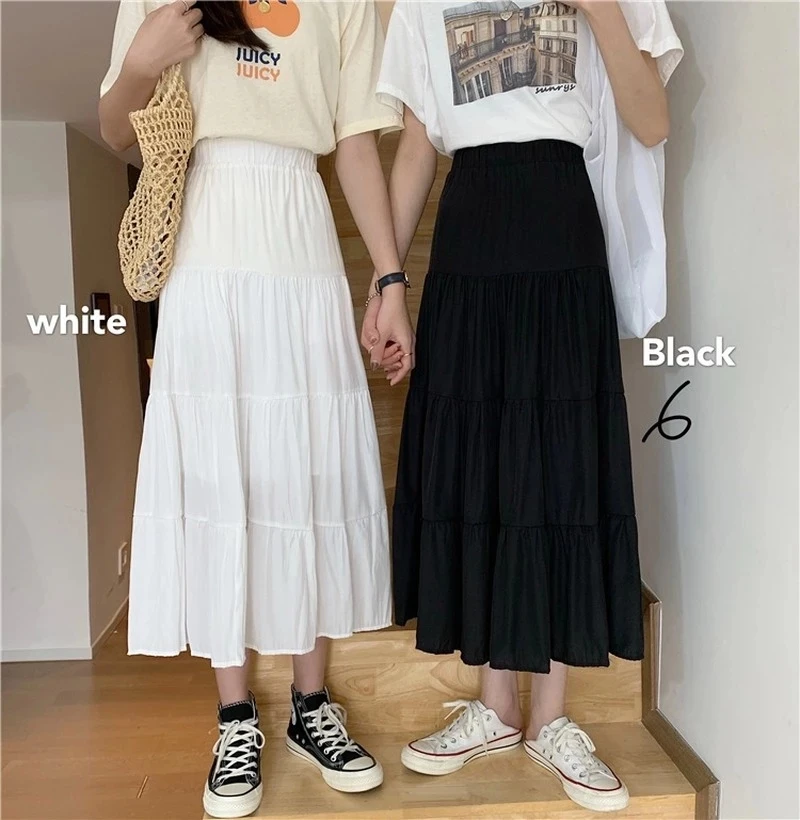 

Spring Summer Women Chiffon Skirts Vintage High Waist Elastic Patchwork White Black Chic Long Cake A-line Skirt For Student