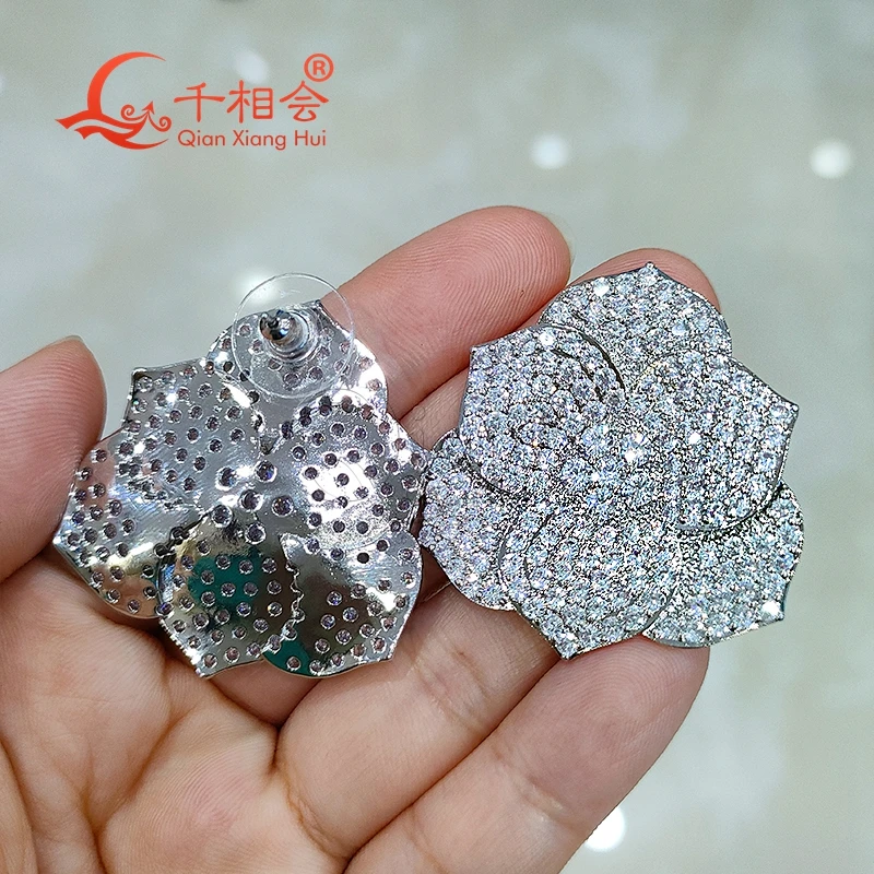 37*37mm big flat flowers S925 silver   earrings ear stud D vvs white moissanite stone Earring earrings jewelry woman gift