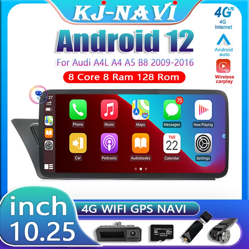 

10.25 Inch Android 12 For Audi A4 A4L A5 B8 2009-2016 Car Touch Screen Carplay Monitors Multimedia Audio Speacker Radio Player