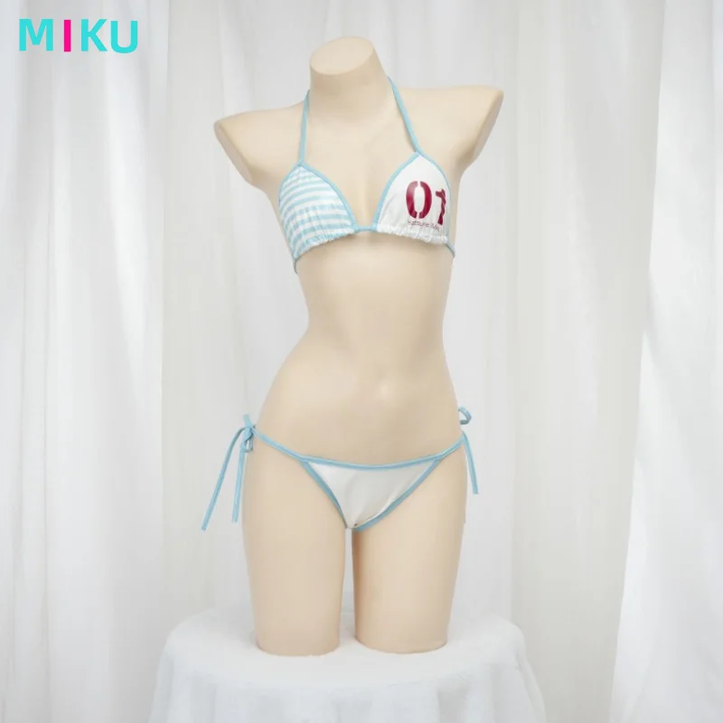 Фото Hatsune Miku, двухмерный аниме-периферийный креативный каваи, сине-белый полосатый комплект нижнего белья для девочек с воротником-халтер, ценный комплект нижнего белья №1