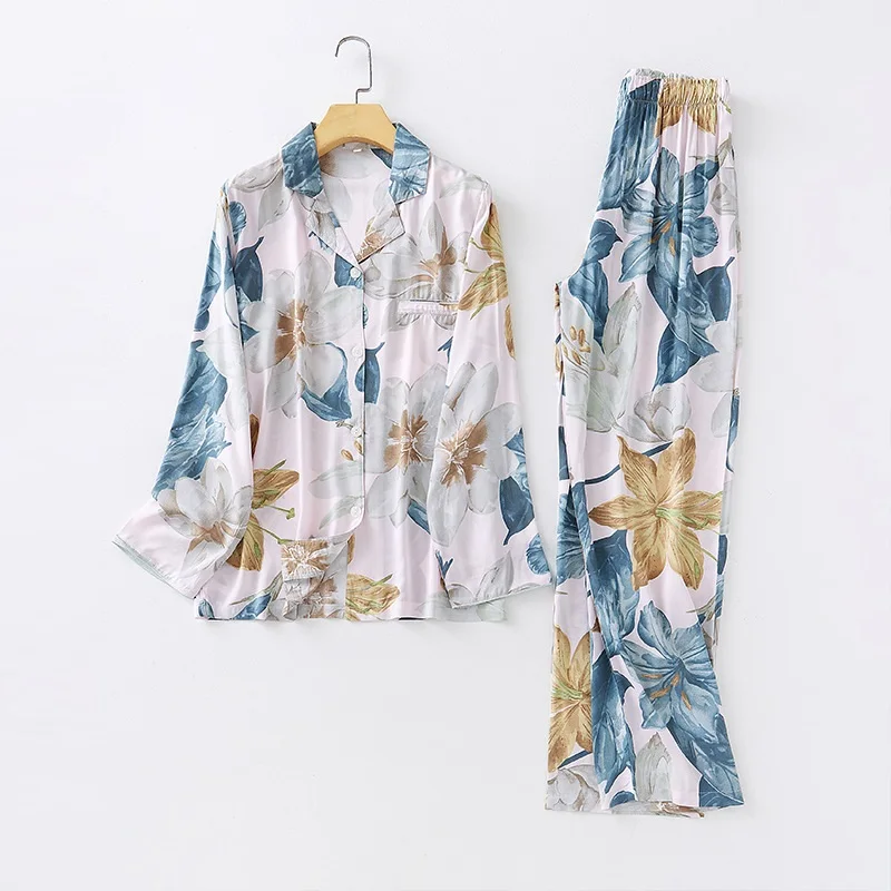 Elegant Floral Print Cotton Viscose Pajamas Long-sleeved Trousers Casual Home Wear Cartoon Pijamas Women Sleepwear