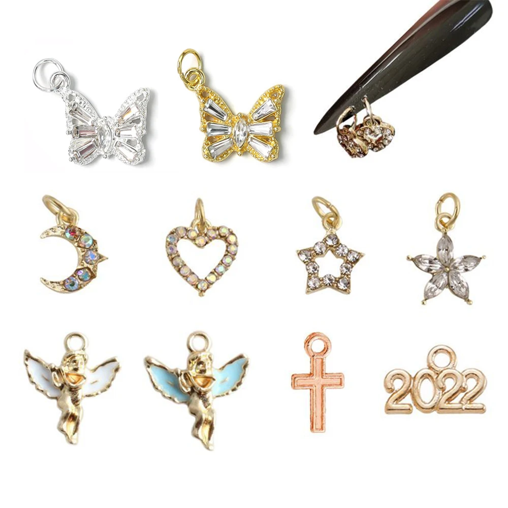 10pcs Butterfly Nail Piercing Crystal Rhinestones Charms Butterfly Glitter Diamond Gems Pendant Jewelry Tips Nail Art Decoration