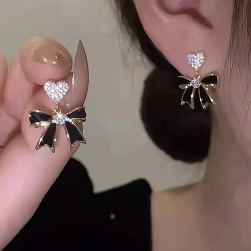 

French Retro Romantic Zircon Heart Bow Pendant Dangle Earrings 2022 Fashion Jewelry Wedding Party Luxury Accessories For Women's