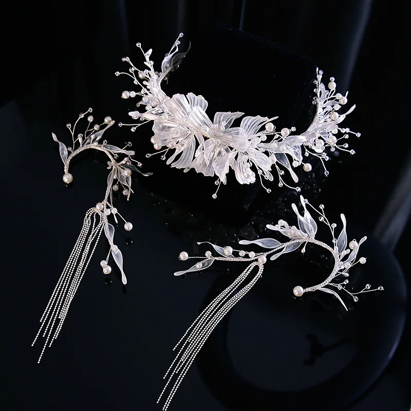 

Обруч для волос с жидкими цветами для невесты, комплект из ушей с бисером, свадебные аксессуары для волос