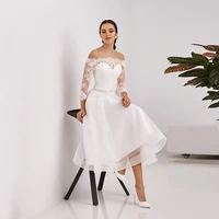 chic short formal wedding dress off shoulder a line bridal gown with sashes white lace tulle 34 sleeves corset back robe soriee