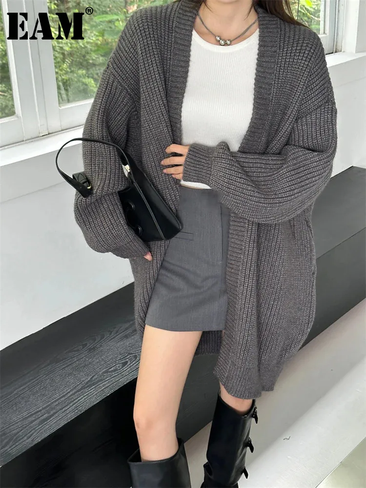 

[EAM] Gray Big Size Knitting Cardigan Sweater Loose Fit V-Neck Long Sleeve Women New Fashion Tide Spring Autumn 2023 1DH0696