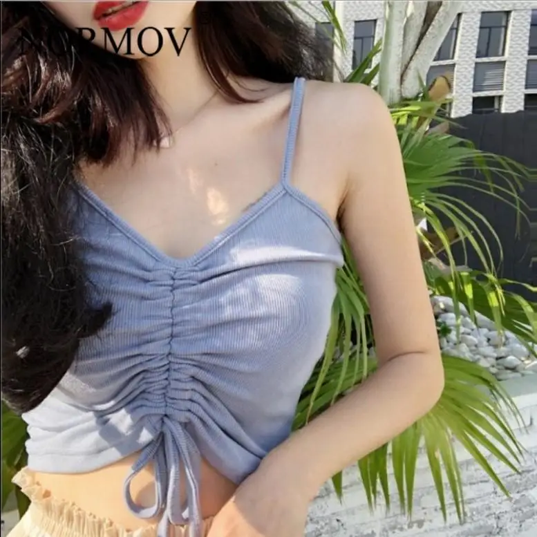 

NORMOV Women Tank Tops Streetwear Cropped Top for Female Sexy V-Neck Drawstring Backless Lingerie Fashion Solid Camisole Girl