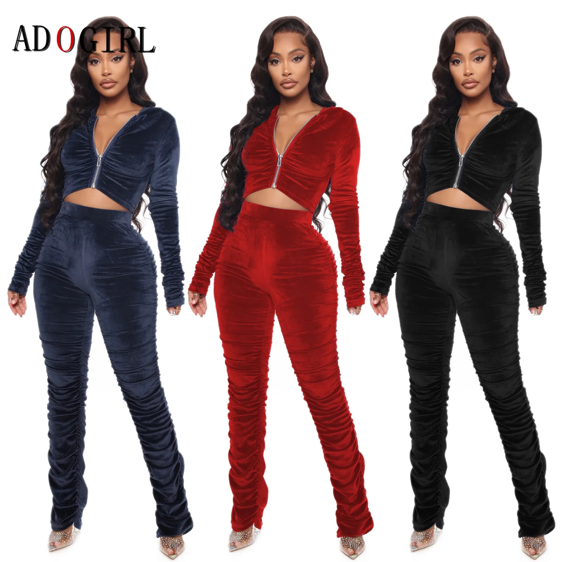 

Adogirl Two Piece Set Women Velvet Tracksuit Long Sleeve Crop Top + Stacked Leggings Outfits Matching Sets Warm Suit