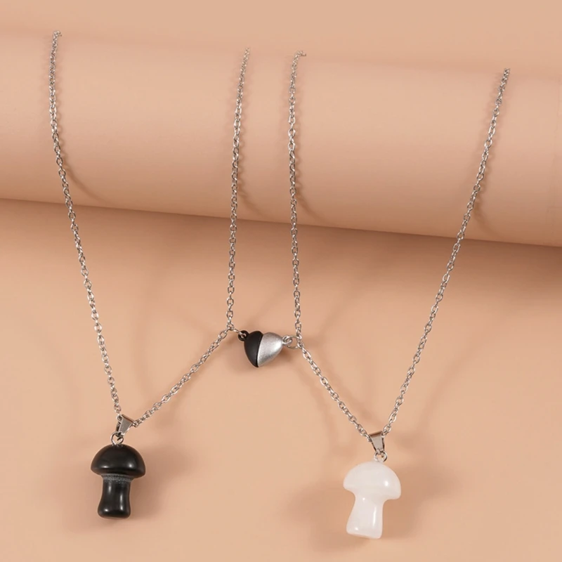 

1 Pair Creative Black White Mushroom Pendant Personality Friend Couple Magnetic Stone Necklace Gift Trendy Jewelry