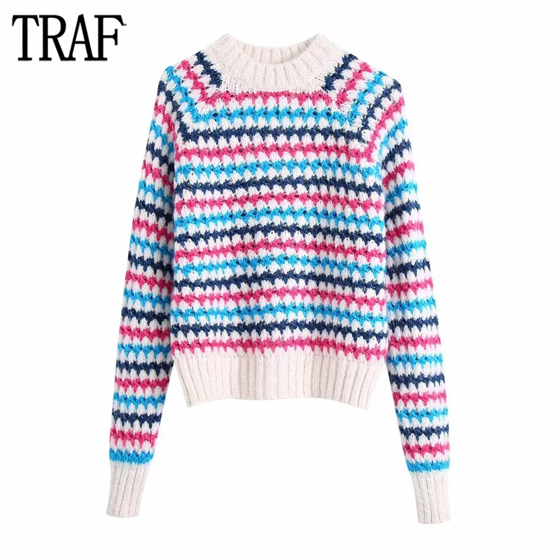 

TRAF Stripper Cropped Sweater Women Pullover Knitted Sweater Woman Winter 2023 Long Sleeve Knit Sweaters for Women Ribbed Jersey