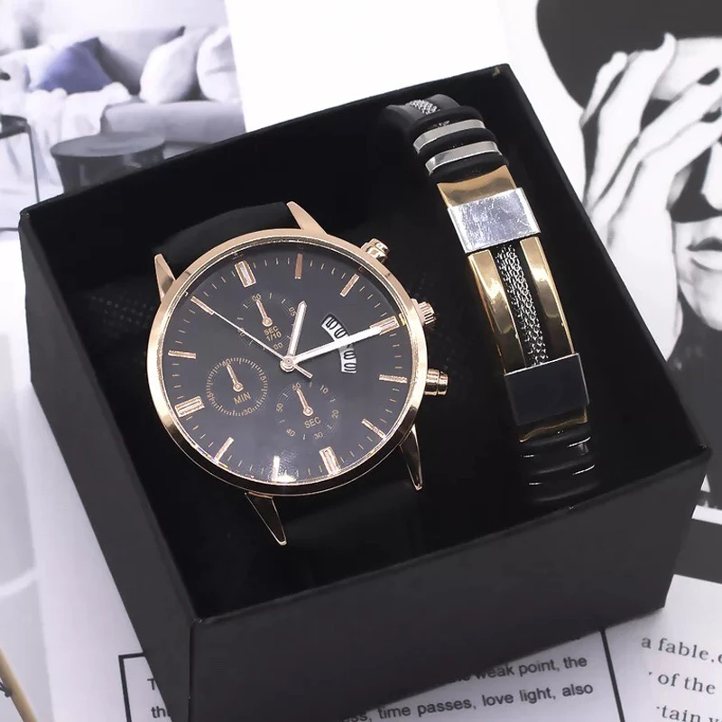

Men Watch Bracelet Set Fashion Sport Quartz Watch Alloy Case Leather Band Wrist Watch Business Wristwatch calendar Clock Gift