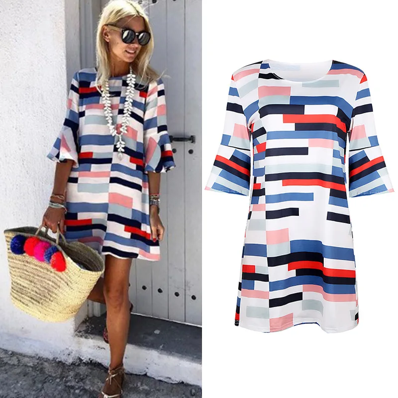 

Cotton Striped Dress Women Summer V-Neck Mini Dresses Female Casual Dresses