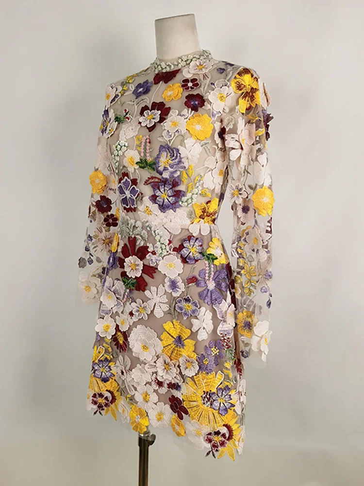 DEAT Элегантное платье с вышивкой и 3D цветком марлевое лоскутное длинными рукавами