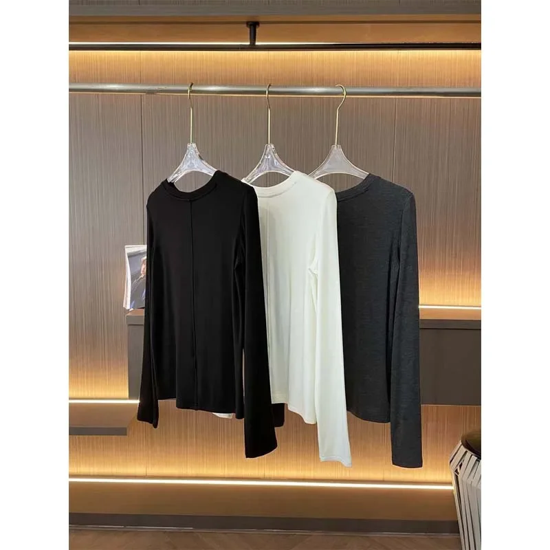 TR Wool Silk T-Shirt Round Neck Long Sleeve Autumn/Winter Straight-Leg Slims Women's Clothing Soft Comfortable Crew Top |