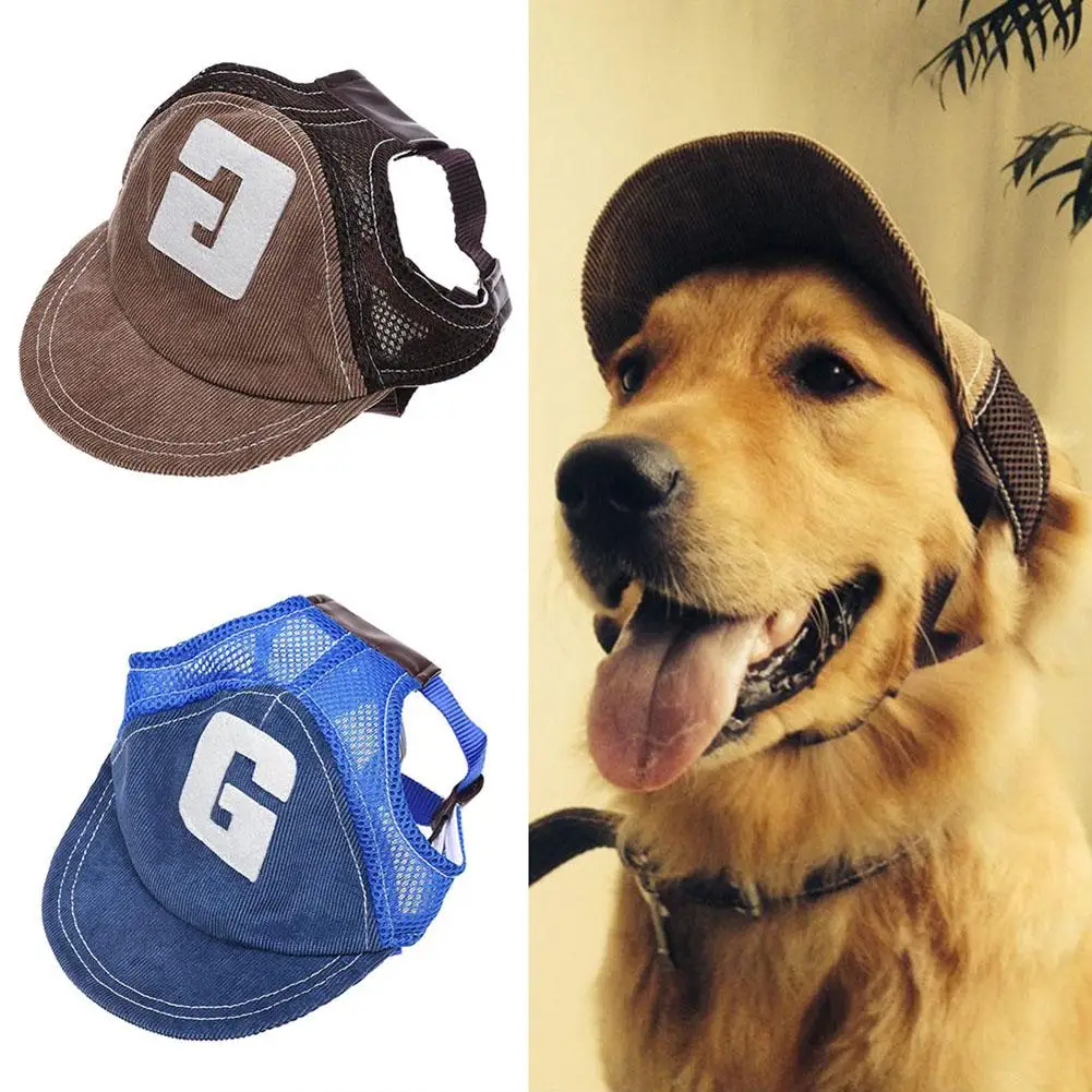 Pet dog corduroy baseball cap G letter breathable mesh outdoor sports sun visor with pierced ears embroidered dog hat