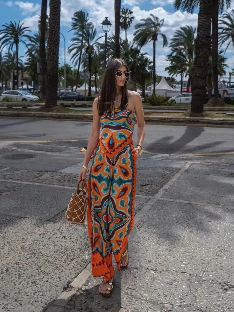 

2023 Women Fashion Print Blouse Pants Sets Summer Causal Headband Style Sling Top Drawstring Straight Long Pant Suit