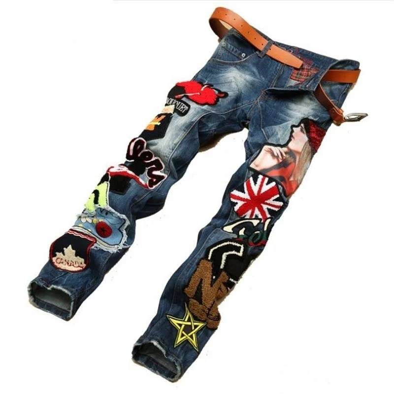 

New Fashion Brand men jeans European&American style 100% cotton denim hip hop patchwork of national flag fashion jeans men