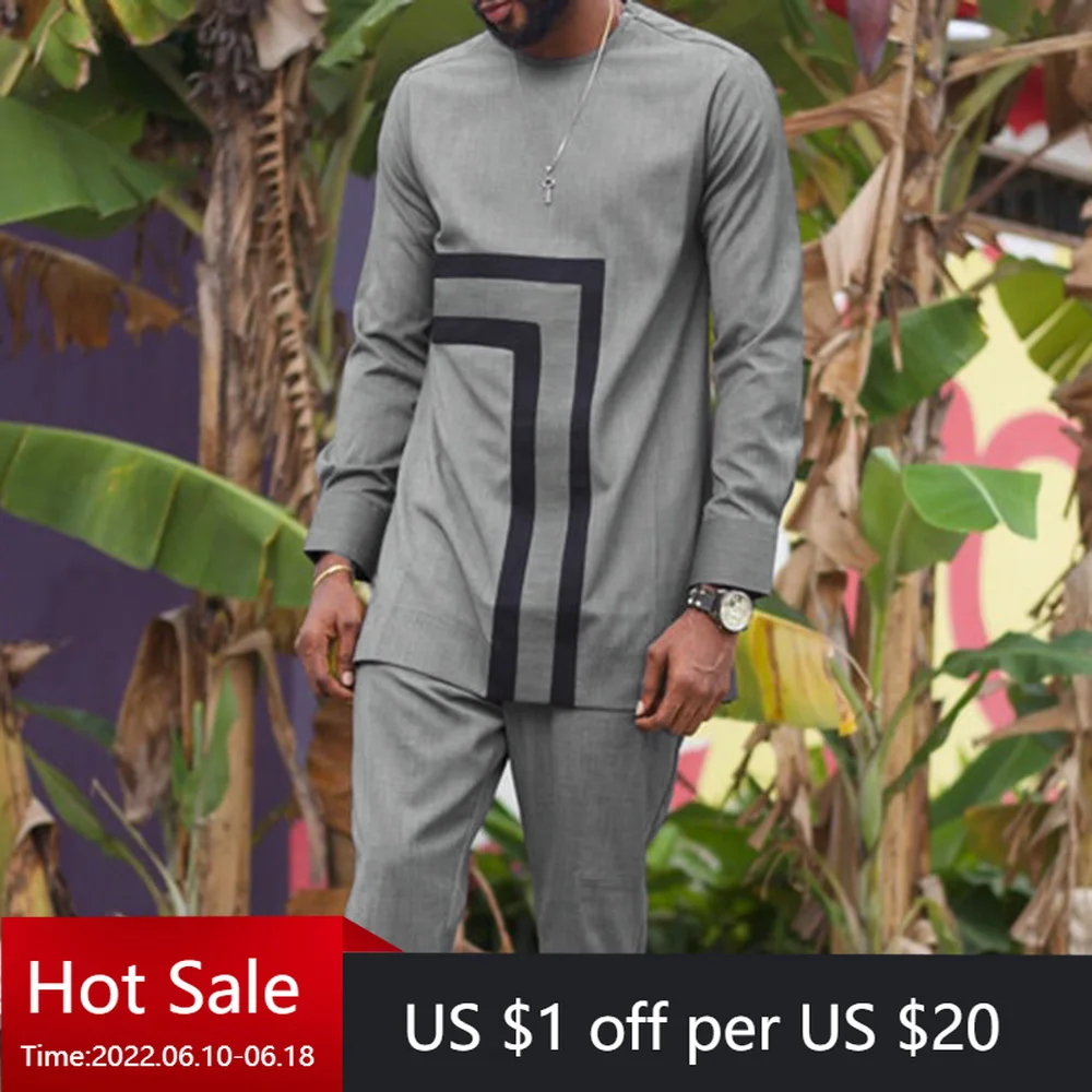 Dashiki Men's African Clothes Top Pant 2 Pieces Outfit Set Grey Fashion Thermoprint Men Robes Shirt Pants Suit 2022