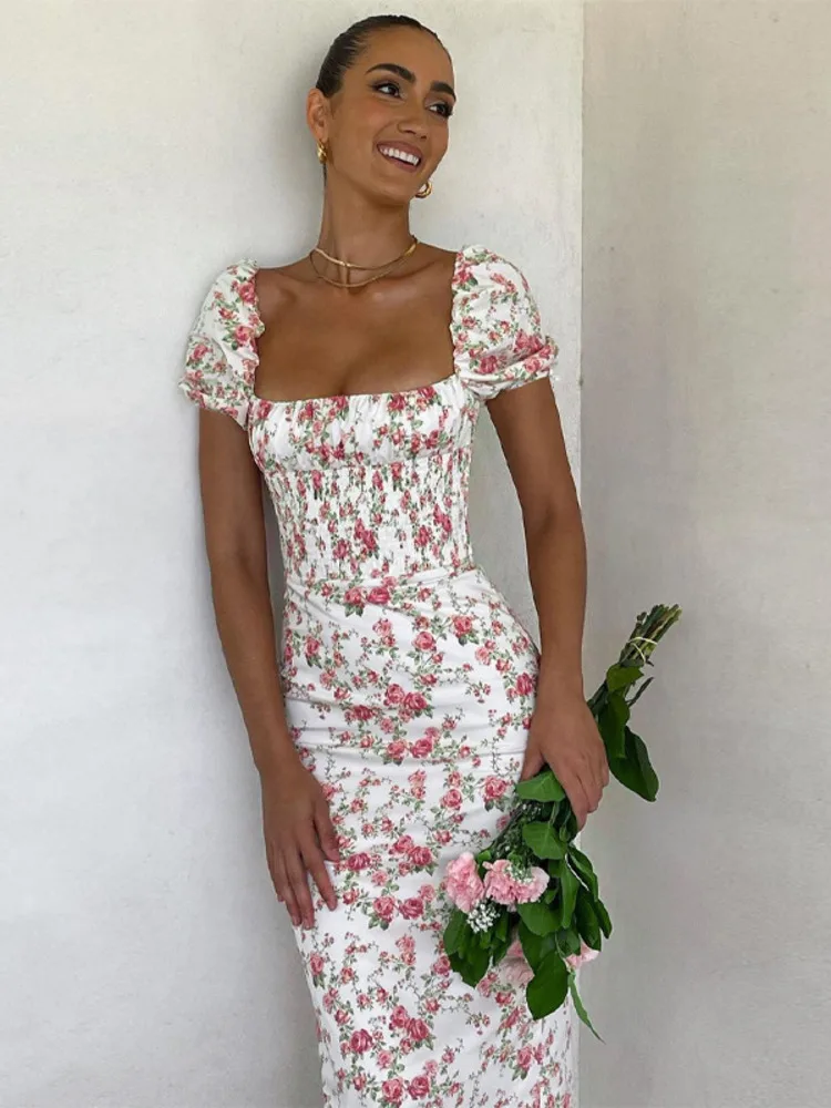 

Mozision Elegant Square Collar Short Puff Sleeve Midi Dress For Women Robe Summer Autumn New Backless Printed Long Dress Vestido