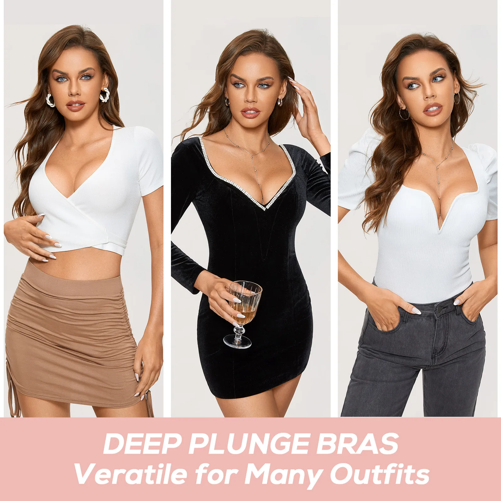 DOBREVA Women's Push Up Bra Deep Plunge V Sexy Underwire Low Cut T Shirt Cleavage Padded Seamless Lingerie