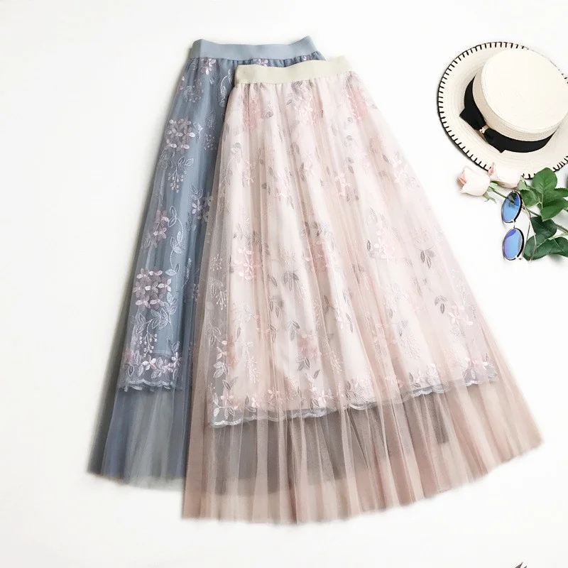 

Summer Floral Embroidery A-line Tutu Lace Mesh Skirt Women Elegant Tulle Long Pleated Midi Saia Feminina