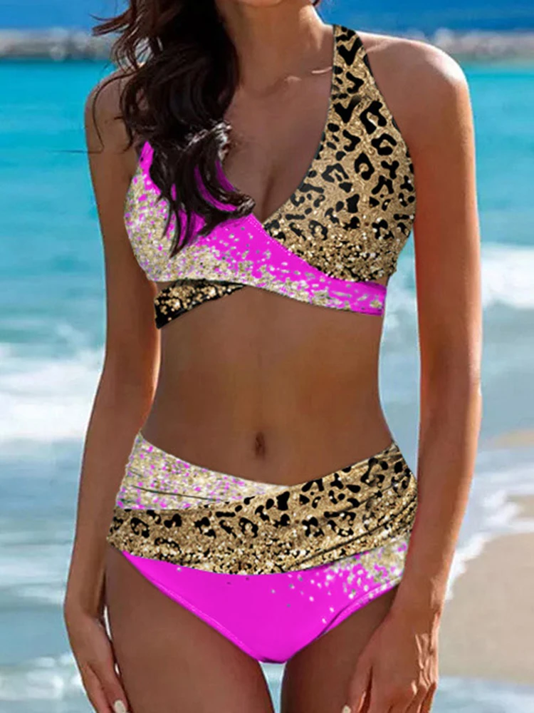 

Женский леопардовый комплект бикини с блестками, купальный костюм с завышенной талией и перекрестными лямками на шее, летний пляжный купальник, 2023