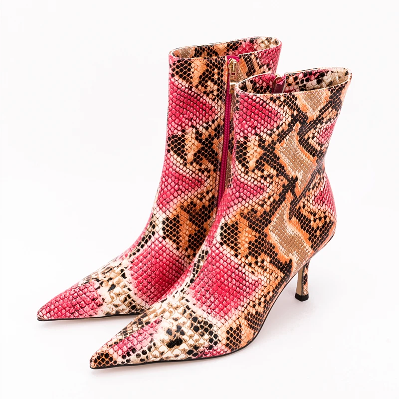 Women's Heel Shoes Colorful Snake Print Pointy Toe Sexy Booty Side Zip Big Size 47 Ankle Boots Spring Autumn Winter