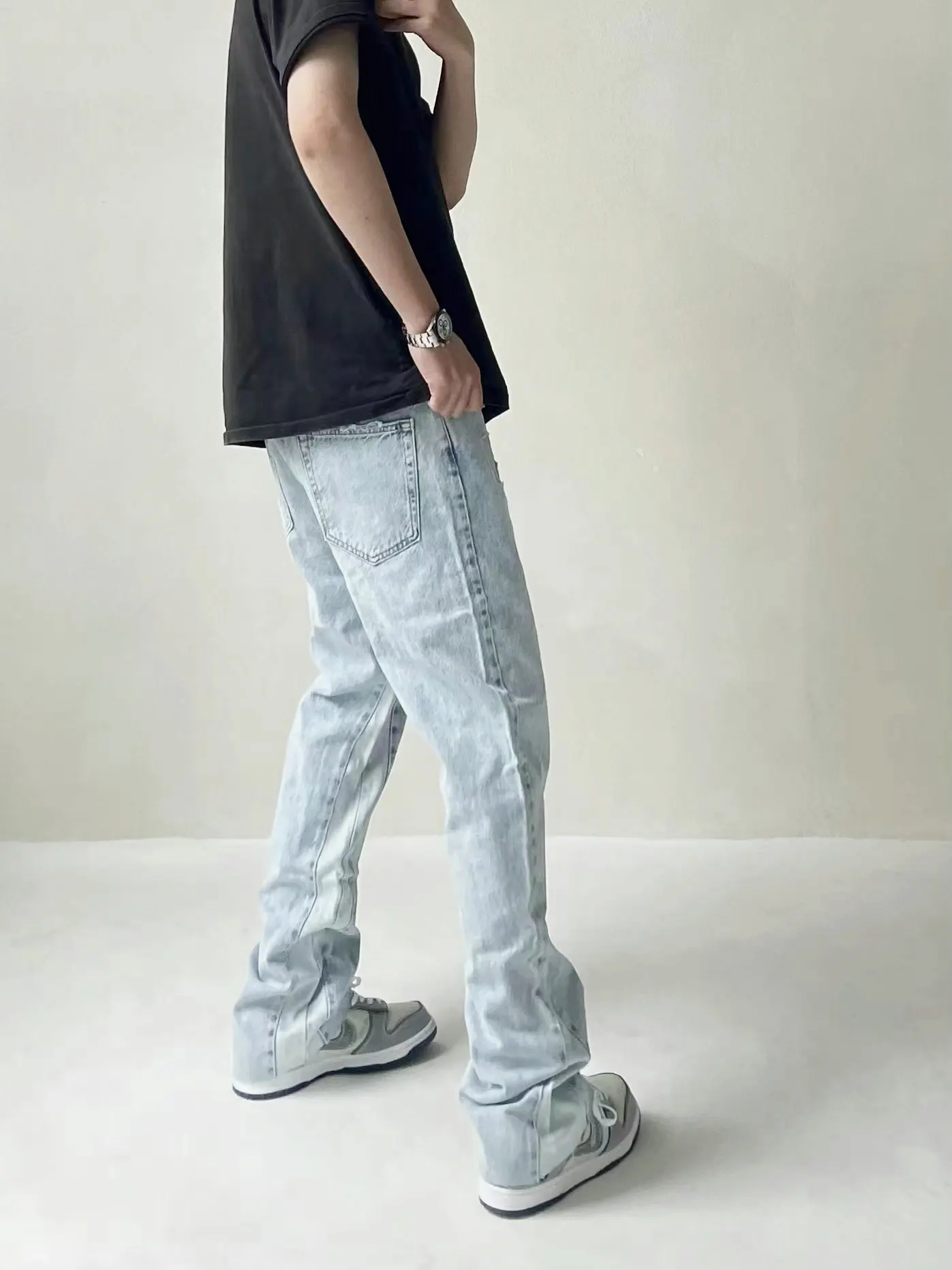 Askyruself new spring and fall men and women high street patchwork splicing washed and frayed destruction blue loose jeans